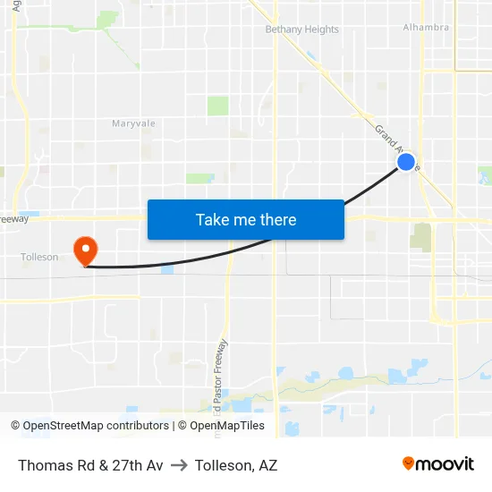 Thomas Rd & 27th Av to Tolleson, AZ map