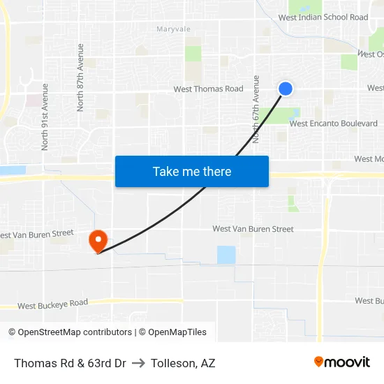 Thomas Rd & 63rd Dr to Tolleson, AZ map