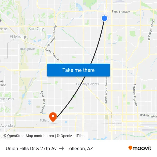 Union Hills Dr & 27th Av to Tolleson, AZ map