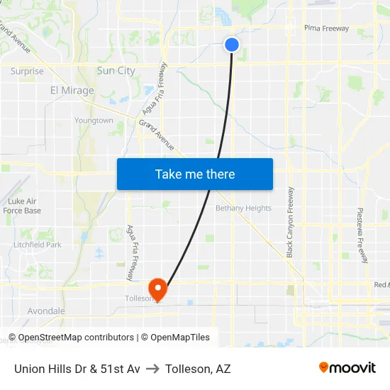 Union Hills Dr & 51st Av to Tolleson, AZ map