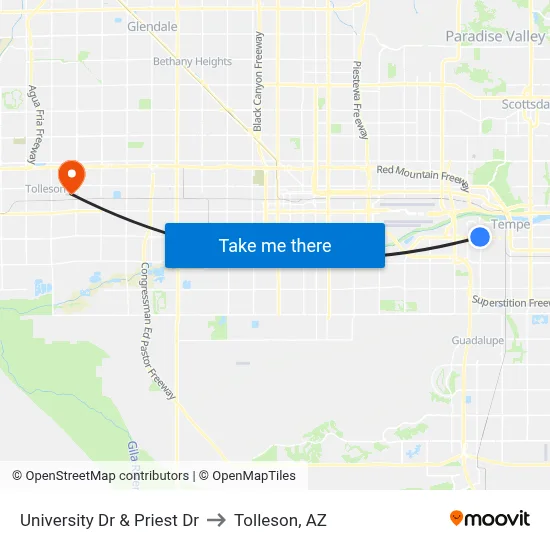University Dr & Priest Dr to Tolleson, AZ map