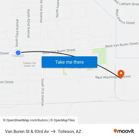 Van Buren St & 93rd Av to Tolleson, AZ map