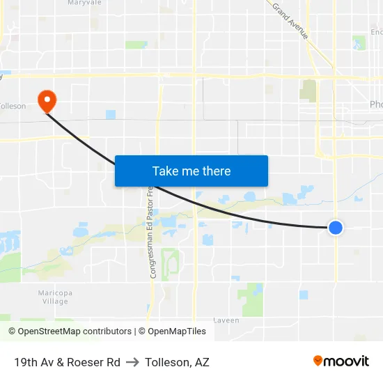 19th Av & Roeser Rd to Tolleson, AZ map