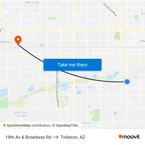 19th Av & Broadway Rd to Tolleson, AZ map