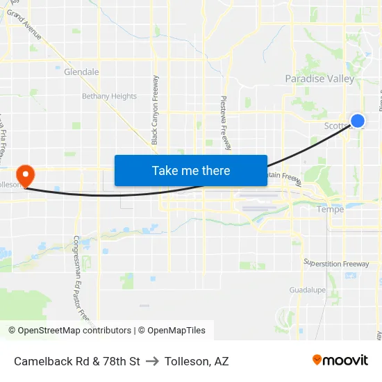 Camelback Rd & 78th St to Tolleson, AZ map