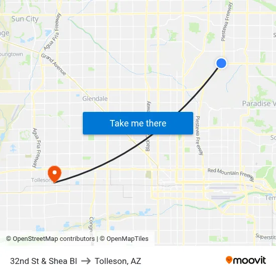 32nd St & Shea Bl to Tolleson, AZ map