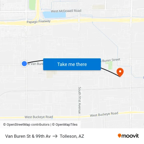 Van Buren St & 99th Av to Tolleson, AZ map