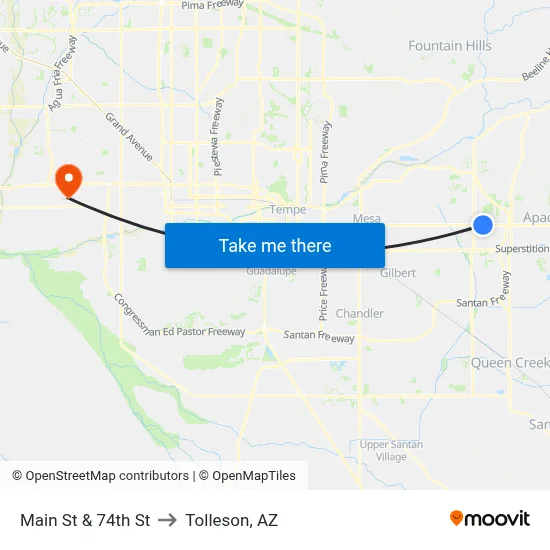 Main St & 74th St to Tolleson, AZ map