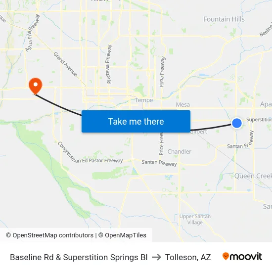 Baseline Rd & Superstition Springs Bl to Tolleson, AZ map