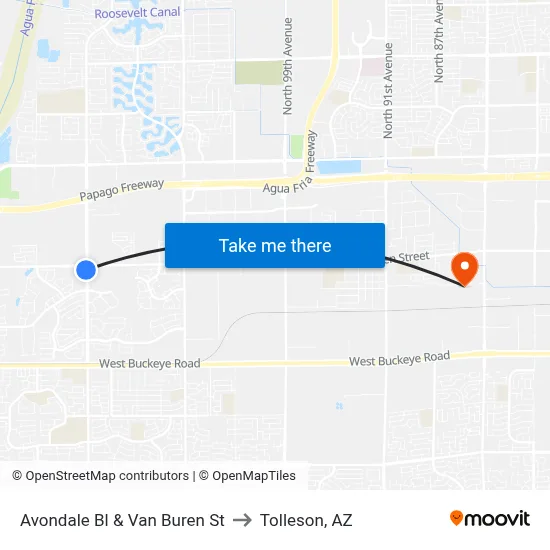 Avondale Bl & Van Buren St to Tolleson, AZ map
