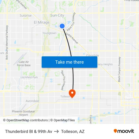 Thunderbird Bl & 99th Av to Tolleson, AZ map