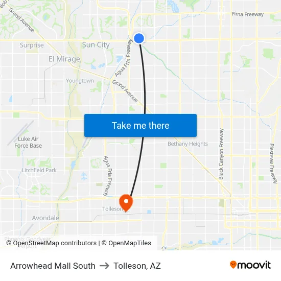 Arrowhead Mall South to Tolleson, AZ map
