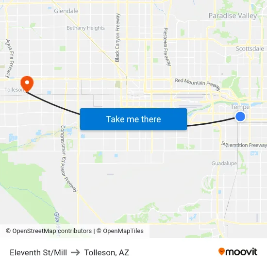Eleventh St/Mill to Tolleson, AZ map
