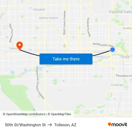 50th St/Washington St to Tolleson, AZ map