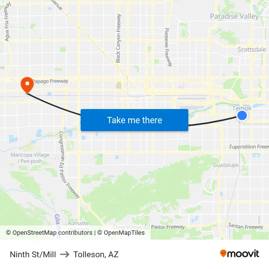 Ninth St/Mill to Tolleson, AZ map