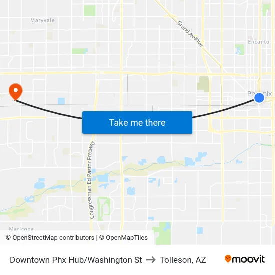 Downtown Phx Hub/Washington St to Tolleson, AZ map