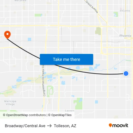 Broadway/Central Ave to Tolleson, AZ map