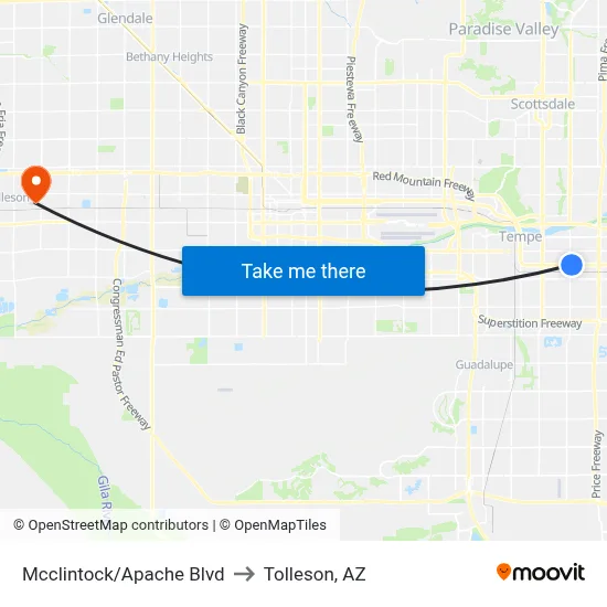 Mcclintock/Apache Blvd to Tolleson, AZ map