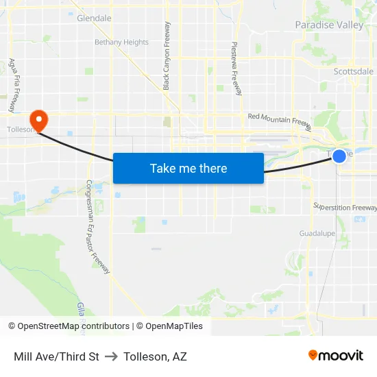 Mill Ave/Third St to Tolleson, AZ map