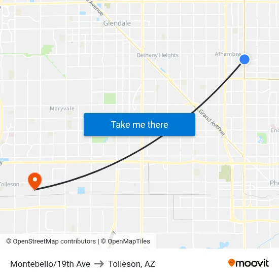 Montebello/19th Ave to Tolleson, AZ map