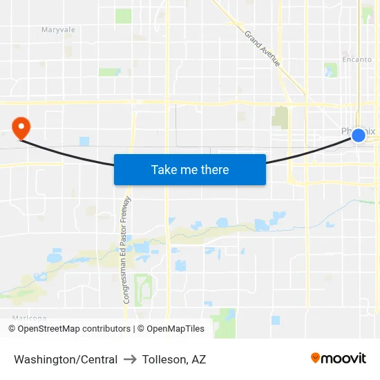 Washington/Central to Tolleson, AZ map