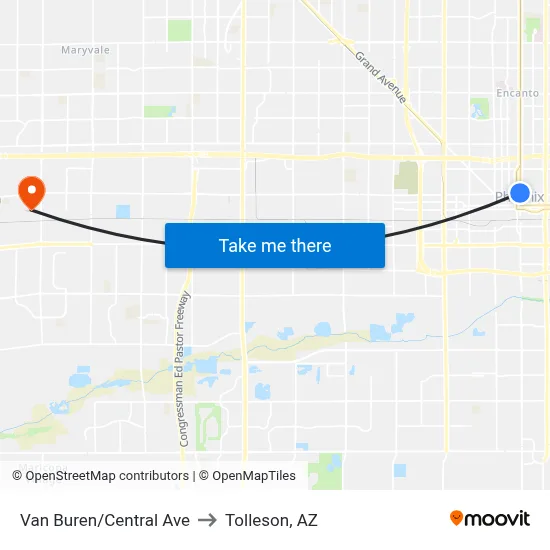 Van Buren/Central Ave to Tolleson, AZ map