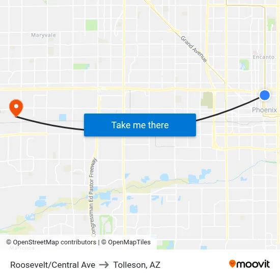 Roosevelt/Central Ave to Tolleson, AZ map