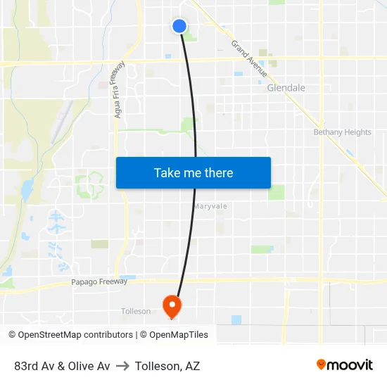 83rd Av & Olive Av to Tolleson, AZ map