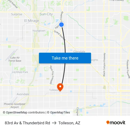 83rd Av & Thunderbird Rd to Tolleson, AZ map