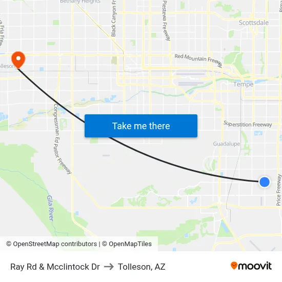 Ray Rd & Mcclintock Dr to Tolleson, AZ map
