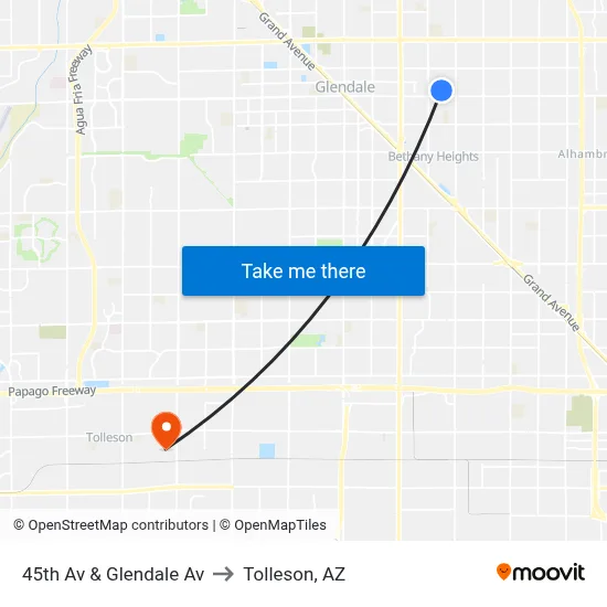 45th Av & Glendale Av to Tolleson, AZ map