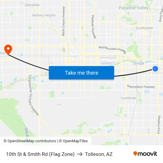 10th St & Smith Rd (Flag Zone) to Tolleson, AZ map