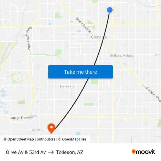 Olive Av & 53rd Av to Tolleson, AZ map