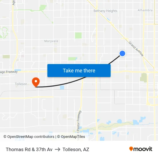 Thomas Rd & 37th Av to Tolleson, AZ map