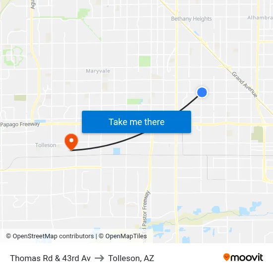 Thomas Rd & 43rd Av to Tolleson, AZ map