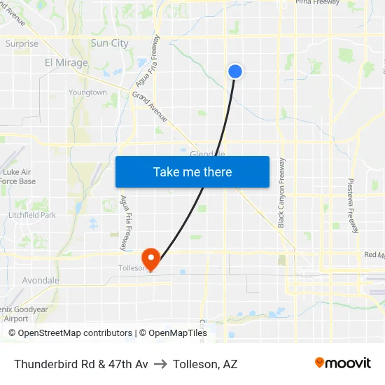 Thunderbird Rd & 47th Av to Tolleson, AZ map