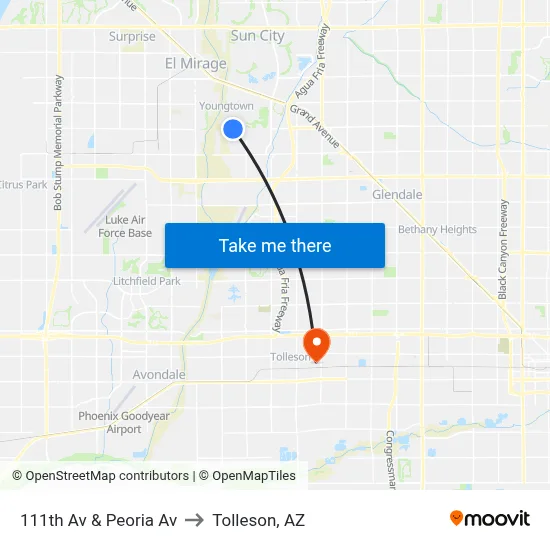 111th Av & Peoria Av to Tolleson, AZ map