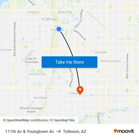 111th Av & Youngtown Av to Tolleson, AZ map