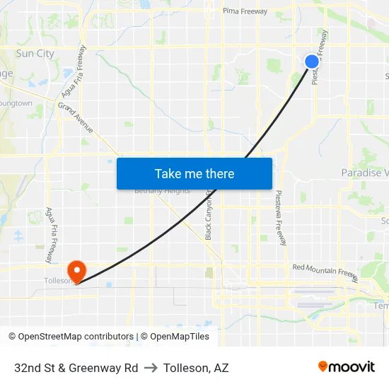 32nd St & Greenway Rd to Tolleson, AZ map