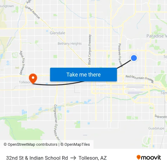 32nd St & Indian School Rd to Tolleson, AZ map