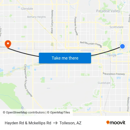 Hayden Rd & Mckellips Rd to Tolleson, AZ map
