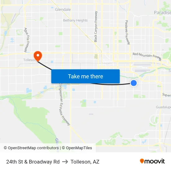 24th St & Broadway Rd to Tolleson, AZ map