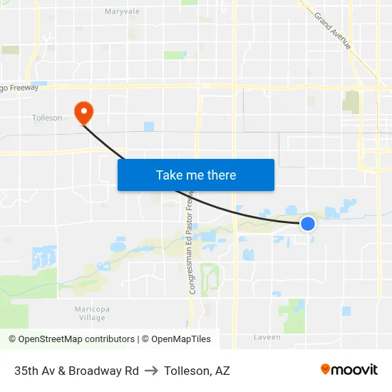 35th Av & Broadway Rd to Tolleson, AZ map