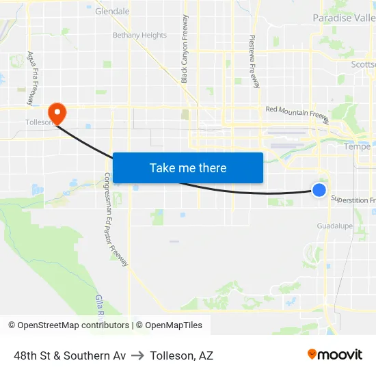 48th St & Southern Av to Tolleson, AZ map