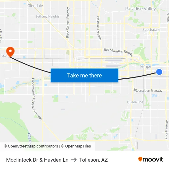 Mcclintock Dr & Hayden Ln to Tolleson, AZ map