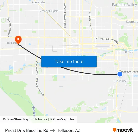 Priest Dr & Baseline Rd to Tolleson, AZ map
