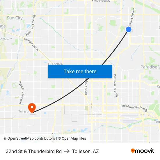 32nd St & Thunderbird Rd to Tolleson, AZ map