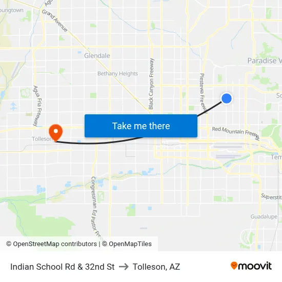 Indian School Rd & 32nd St to Tolleson, AZ map