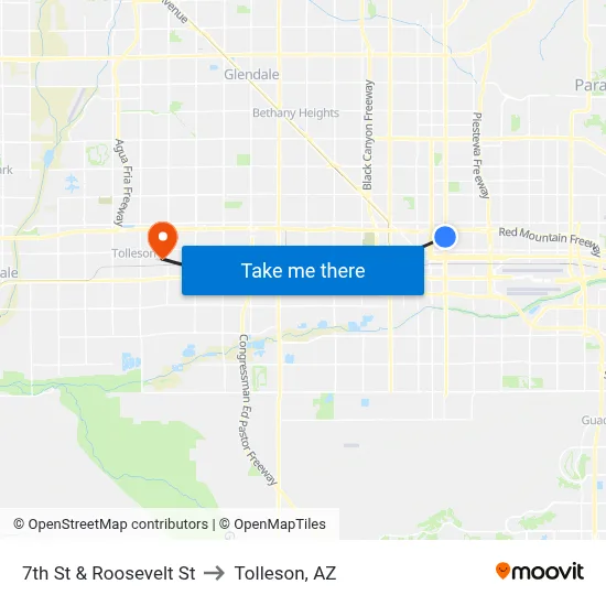 7th St & Roosevelt St to Tolleson, AZ map