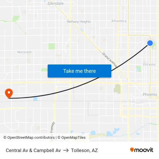 Central Av & Campbell Av to Tolleson, AZ map